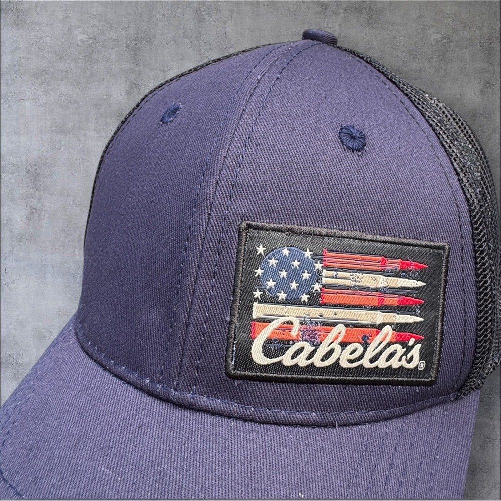Cabela's Trucker Hat OS Navy Blue Bullet Ammo American U.S. Flag Patch